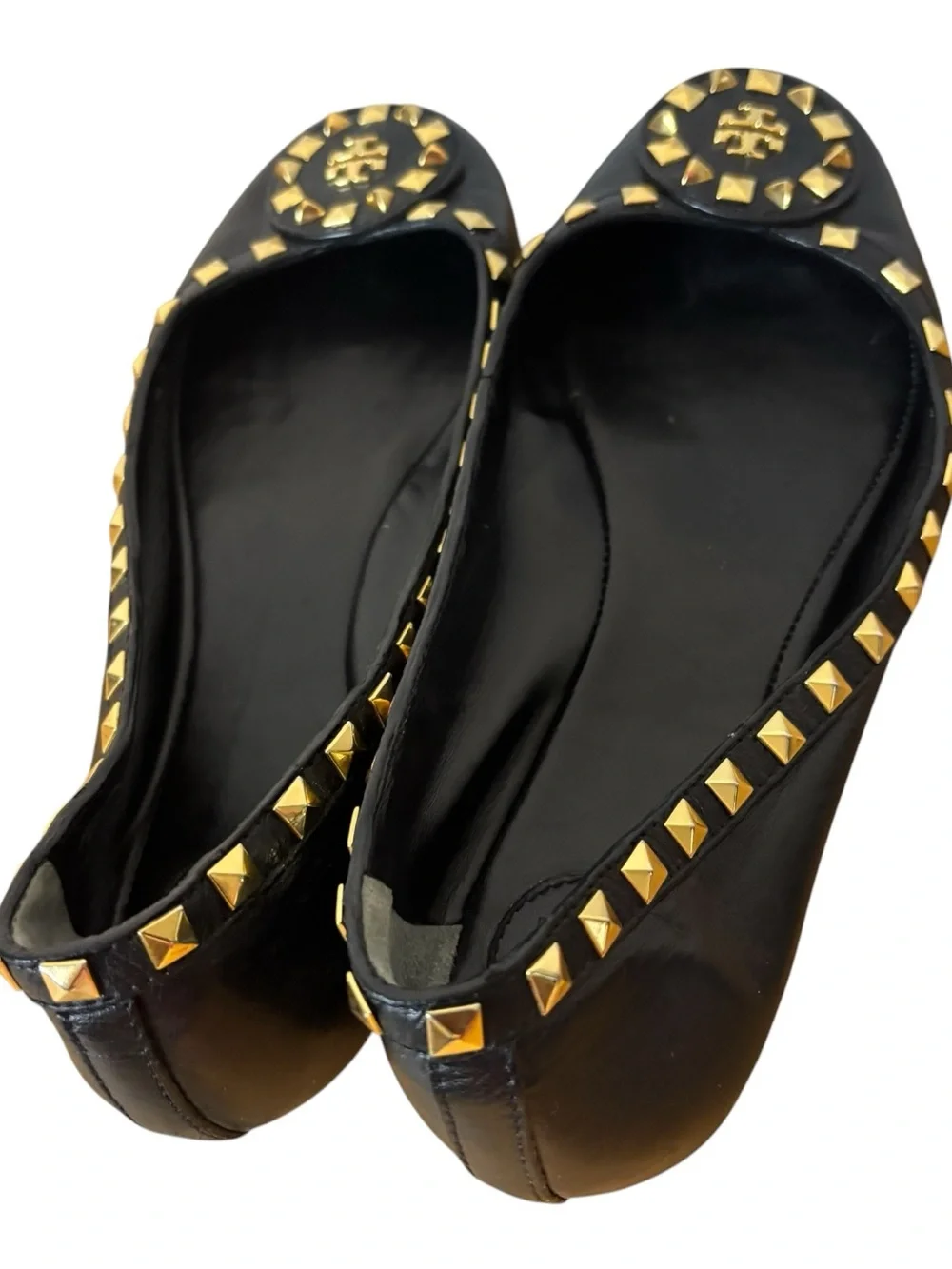 Tory Burch Studded Logo Ballet Flat Shoes Black Leather Size 8 M